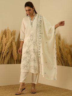 Silk Blend Embroidered Straight Kurta Set with Trousers & Dupatta Sale
