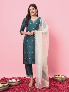Silk Blend Kurta and Trouser Set with Organza Dupatta