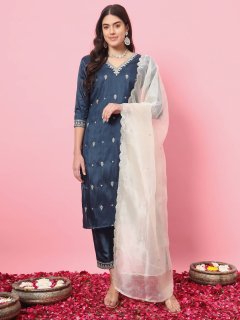 Silk Blend Kurta and Trouser Set with Organza Dupatta