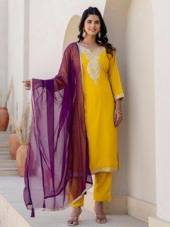 Silk Blend Women Kurta Pant with Dupatta Sets With Embroidery