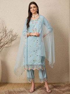 Sky Blue Floral Embroidered Kurta with Trousers & Dupatta