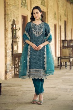 Teal Blue Silk Blend Straight Suit Set With Dupatta