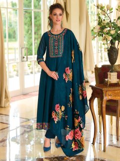 Teal Embroidered Anarkali Pant Set