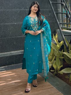 Teal Green Embroidered Viscose Rayon Kurta Set with Dupatta