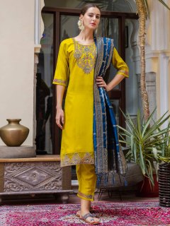 Viscose Rayon Embroidered Straight Kurta with Pant & Dupatta Set