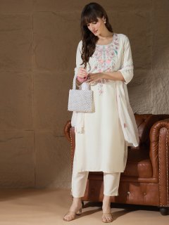 White khadi cotton Kurta with Trousers & Dupatta Suits