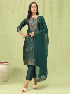 Women Cotton Silk Blend Kurta and Pant Sets with Handwork and Dupatta