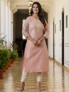 Women Embroidered Silk Blend Straight Kurta
