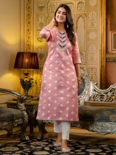 Women Embroidered Silk Blend Straight Kurta