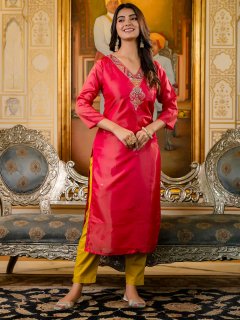 Women Embroidered shimmer Silk Blend Straight Kurta