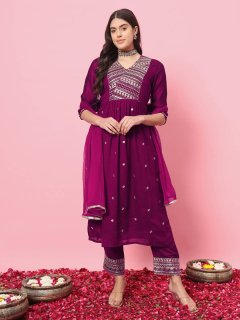 Women Flared Kurta and Trousers Pant Set Silk Blend 