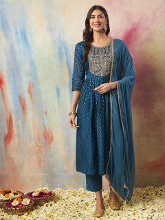 Women Flared Kurta and Trousers Pant Set Cotton Silk Blend
