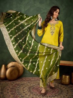 Women Kurta and Pant Dupatta Sets Viscose Rayon Fabrics with Embroidery Handwork