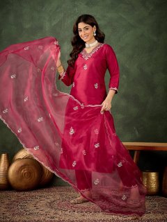 Women Kurta and Pant Dupatta Sets Silk Blend Fabrics with Embroidery