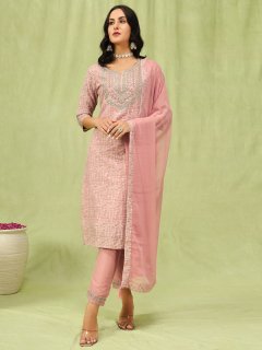 Women Kurta and Trouser Duppata Set With Embroidery Cotton Blend