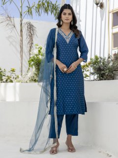  Women Silk Blend Kurta Pant Dupatta Set