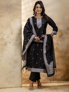 Women's Embroidered Cotton Blend Kurta Pant Sets with Dupatta