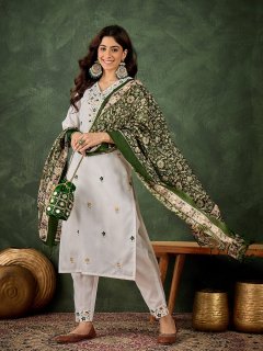 Women's Embroidered Cotton Kurta Pant Set with Dupatta