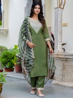 Women's Embroidered Silk Blend Calf Length Straight Kurta Trouser with Dupatta Set