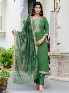 Women's Embroidered Silk Blend Calf Length Straight Kurta Trouser with Dupatta Set