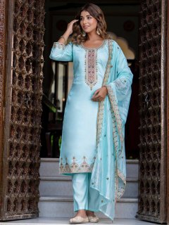 Women's Embroidered Silk Blend Calf Length Straight Kurta Trouser with Dupatta Set