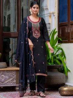 Women's Embroidered Silk Blend Calf Length Straight Kurta Trouser with Dupatta Set