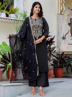 Women's Embroidered Silk Blend Calf Length Straight Kurta with Palazzo & Dupatta Set