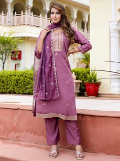 Women's Embroidered Silk Blend Calf Length Straight Kurta with Palazzo & Dupatta Set