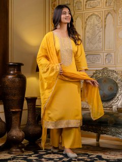 Women's Embroidered Silk Blend Calf Length Straight Kurta with Palazzo & Dupatta Set
