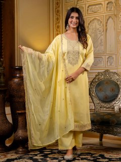 Women's Embroidered Silk Blend Calf Length Straight Kurta with Palazzo & Dupatta Set