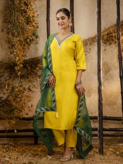 Women's Embroidered Silk Blend Calf Length Straight Kurta Trouser with Dupatta Set