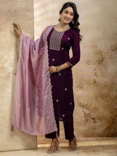 Women's Embroidered Silk Blend Kurta Pant Sets With Dupatta