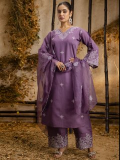 Women's Embroidered Silk Blend Calf Length Straight Kurta Trouser with Dupatta Set