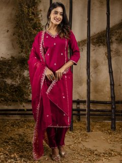 Women's Embroidered Silk Blend Calf Length Straight Kurta Trouser with Dupatta Set