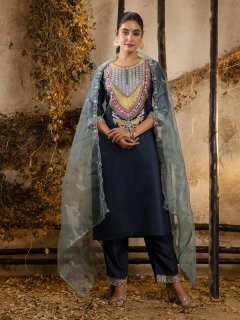 Women's Embroidered Viscose Rayon Calf Length Straight Kurta Trouser with Dupatta Set
