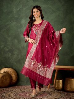 Women's Silk Blend Banarasi Jacquard Zari Woven Straight Kurta Pant with Dupatta Set