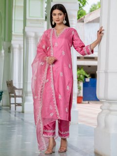 Women's Silk Blend Embroidered Kurta with Pant & Dupatta Set