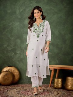Women's Silk Blend Embroidered Straight Kurta & Pant Set