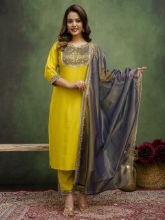 Women's Silk Blend Embroidered Kurta Pant with Dupatta Set