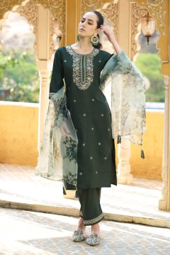 Women’s Viscose Rayon Kurta Pant Set Embroidered Ethnic Wear with Organza Dupatta