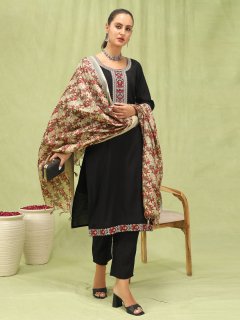 Women’s Viscose Roman Silk Embroidery Straight Kurta Pant with Dupatta Set