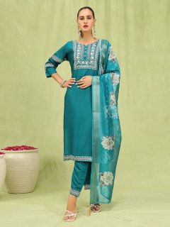  Women’s Viscose Roman Silk Embroidery Straight Kurta Pant with Dupatta Set