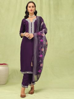  Women’s Viscose Roman Silk Embroidery Straight Kurta Pant with Dupatta Set