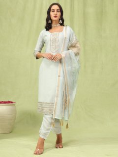 Women’s Viscose Roman Silk Embroidery Straight Kurta Pant with Dupatta Set
