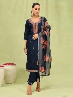 Women’s Viscose Roman Silk Embroidery Straight Kurta Pant with Dupatta Set