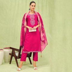 Women’s Viscose Roman Silk Embroidery Straight Kurta Pant with Dupatta Set