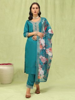 Women’s Viscose Roman Silk Embroidery Straight Kurta Pant with Dupatta Set