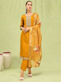 Women’s Viscose Roman Silk Embroidery Straight Kurta Pant with Dupatta Set