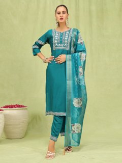 Women’s Viscose Roman Silk Embroidery Straight Kurta Pant with Dupatta Set