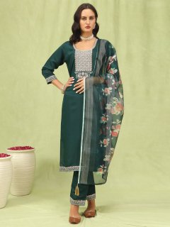 Women’s Viscose Roman Silk Embroidery Straight Kurta Pant with Dupatta Set